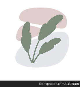 Plant on background of colored spots. Grey botanical branch and purple geometric abstract pattern in a minimalist style. Doodle object. Plant on background of colored spots.