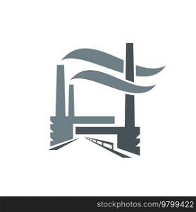 Plant or factory building icon. Industrial power, energy production or manufacturing company vector symbol, graphic emblem or monochrome icon with factory or refinery, chimney smoke. Plant or factory building silhouette, graphic icon