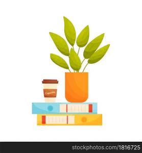 Plant pot and coffee cup on file folders. Education concept. Home office concept. Vector illustration.