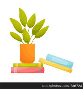 Plant pot on pile of books. Education concept. Reading concept. Vector illustration.