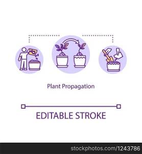Plant propagation concept icon. Growing houseplants from stem cuttings. Fertilizing, feeding. Planting seeds idea thin line illustration. Vector isolated outline RGB color drawing. Editable stroke