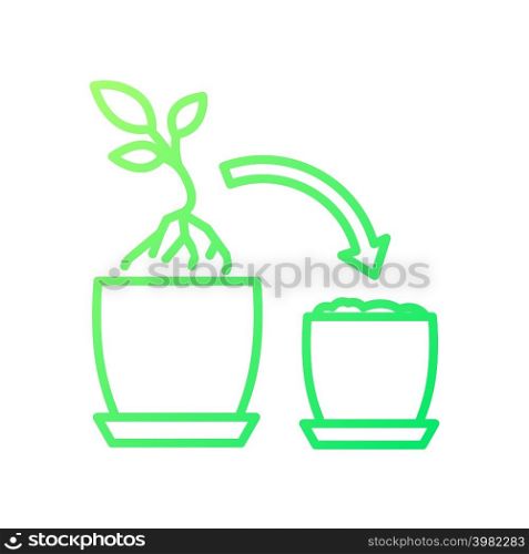 Plant repotting gradient linear vector icon. Replant in bigger pot. Seasonal transplantation. Growing seedle. Thin line color symbol. Modern style pictogram. Vector isolated outline drawing. Plant repotting gradient linear vector icon