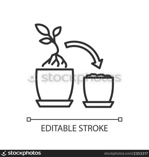 Plant repotting linear icon. Replant in bigger pot. Seasonal transplantation. Growing seedle. Thin line illustration. Contour symbol. Vector outline drawing. Editable stroke. Arial font used. Plant repotting linear icon