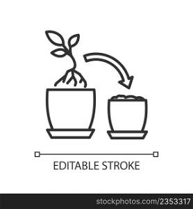 Plant repotting linear icon. Replant in bigger pot. Seasonal transplantation. Growing seedle. Thin line illustration. Contour symbol. Vector outline drawing. Editable stroke. Arial font used. Plant repotting linear icon