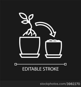 Plant repotting white linear icon for dark theme. Replant in bigger pot. Seasonal transplantation. Thin line illustration. Isolated symbol for night mode. Editable stroke. Arial font used. Plant repotting white linear icon for dark theme