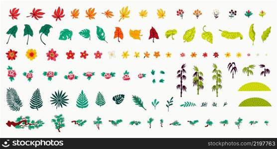 Plant set, vector set of natural elements, palm leaves, and exotic flowers. Organic flat style vector illustration on white background. Plant set, vector set of natural elements, palm leaves, and exotic flowers. Organic flat style vector illustration on white background.