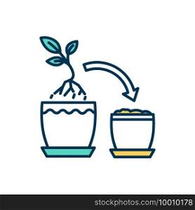 Plant transplant RGB color icon. Garden rearranging. Agriculture and gardening. Transplanting process. Moving houseplants between pots. Avoiding transplant shock. Isolated vector illustration. Plant transplant RGB color icon
