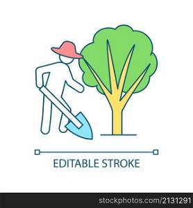 Plant trees RGB color icon. Save nature and forests. Prevent global warming. Gardener horticulturist. Isolated vector illustration. Simple filled line drawing. Editable stroke. Arial font used. Plant trees RGB color icon
