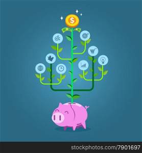 Plant with business symbols growing from piggy bank. Flat style vector illustration for investment or growth of business concept.&#xA;&#xA;&#xA;&#xA;