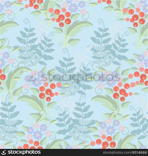 Plant with green fern leaves and red fruits pastel colored flat design seamless pattern stock vector illustration