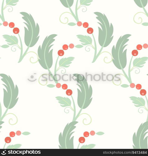Plant with green leaves and red fruits pastel colored flat design seamless pattern stock vector illustration 