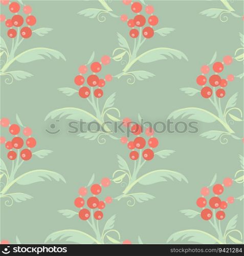 Plant with green leaves and red fruits pastel colored flat design seamless pattern on green 