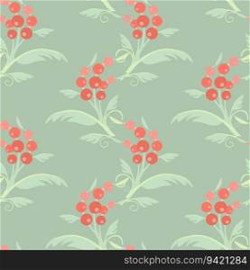 Plant with green leaves and red fruits pastel colored flat design seamless pattern on green 