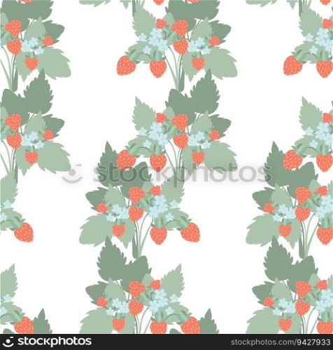 Plant with green leaves and red fruits strawberry pastel colored flat design seamless pattern stock vector illustration 
