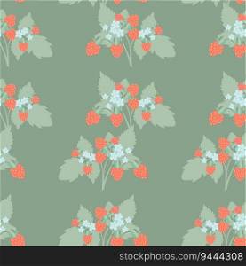 Plant with green leaves and red fruits strawberry pastel colored flat design seamless pattern on green stock
