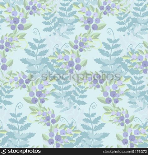 Plant with green leaves blue fruits blueberry fern pastel colored flat design seamless pattern stock vector