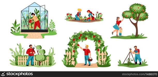 Planting. Cartoon agricultural workers cutting trees and bushes, planting crops and flowers. Vector illustration people working in garden or orchard and growing organic food in greenhouse. Planting. Cartoon agricultural workers cutting trees and bushes, planting crops and flowers. Vector people working in garden and growing organic food
