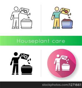 Planting flower seeds icon. Propagating houseplants. Indoor gardening. Domestic plants cultivation. Putting seeds in soil. Linear black and RGB color styles. Isolated vector illustrations