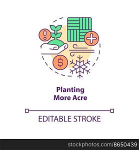 Planting more acres concept icon. Global crop balances. Increase cultivated areas abstract idea thin line illustration. Isolated outline drawing. Editable stroke. Arial, Myriad Pro-Bold fonts used . Planting more acres concept icon