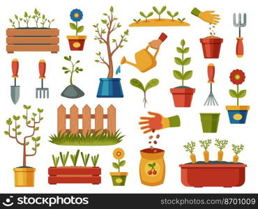 Planting seeds collection. Cartoon garden tools, gardening equipment flowerpot watering can pot shovel gloves, agriculture cultivating concept. Vector set. Growing saplings and flowers. Planting seeds collection. Cartoon garden tools, gardening equipment flowerpot watering can pot shovel gloves, agriculture cultivating concept. Vector set