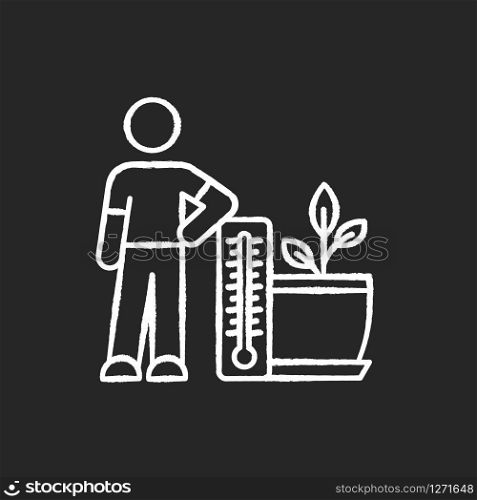 Planting temperature range chalk white icon on black background. Providing proper air temperature conditions for plants. Plant growing. Indoor gardening. Isolated vector chalkboard illustration