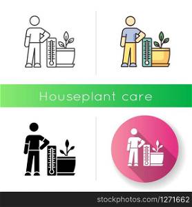 Planting temperature range icon. Providing proper air temperature conditions for plants. Houseplant care. Indoor gardening. Linear black and RGB color styles. Isolated vector illustrations