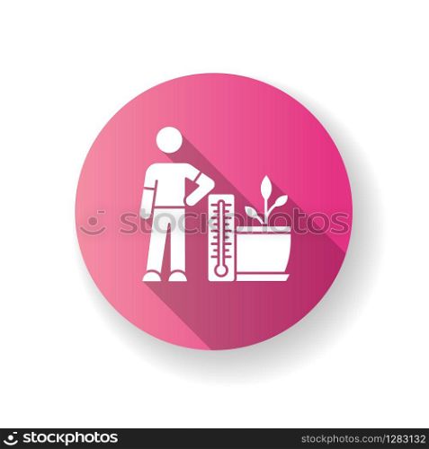 Planting temperature range pink flat design long shadow glyph icon. Providing proper air temperature conditions for plants. Houseplant care. Indoor gardening. Silhouette RGB color illustration