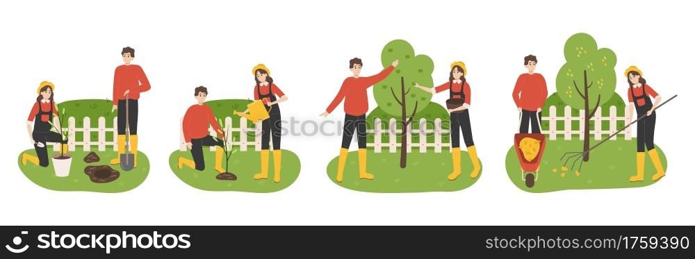 Planting tree. Cartoon family working in garden. Couple digging soil and watering seedlings in spring. Agricultural workers harvesting apples and collecting fallen leaves in autumn. Vector gardening. Planting tree. Family working in garden. Couple digging soil and watering seedlings in spring. Agricultural workers harvesting and collecting fallen leaves in autumn. Vector gardening
