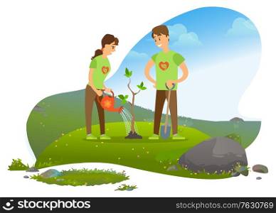 Planting tree, man and woman, gardening and growing. Mountains, environment and ecology, girl and guy with watering can and spade, cultivation. Vector illustration in flat cartoon style. Man and Woman Planting Tree in Mountains, Nature