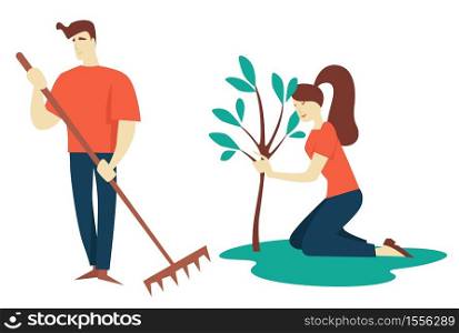 Planting tree man and woman gardening and growing hobby vector isolated, male and female characters girl and guy with rake cultivation and agriculture ecology and environment garden tool vegetation. Man and woman planting tree gardening and growing hobby