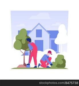 Planting trees isolated concept vector illustration. Group of contractors planting trees, commercial construction, landscaping industry, gardening season, park development vector concept.. Planting trees isolated concept vector illustration.