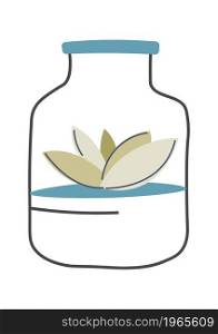 Plants and botany decoration in jar, isolated decorative composition for interior design. Gardening and caring for flora, foliage with tender petals. Greenery in orangery. Vector in flat style. Flower decoration in jar, leafy botany plants