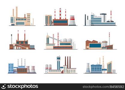 Plants and factories set. Industrial buildings with smoke pipes isolated on white. Vector illustration for manufacture in city, industry, exhaust gas concept