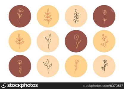 Plants and flowers with leaves in a minimalistic simple style. Handmade floral logo. Botanical one line icons set. Set of round highlighter icons for blog account and social media. Vector.. Plants and flowers with leaves in a minimalistic simple style. Handmade floral logo. Botanical one line icons set. Set of round highlighter icons for blog account and social media. Vector illustration