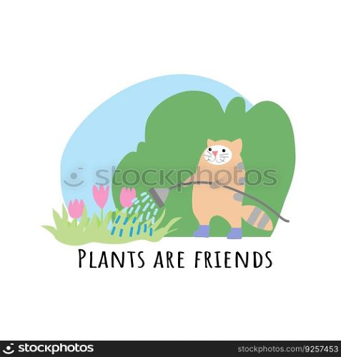 Plants are friends is hand drawn plant and pet cat. Cute cat and watering can and home plant. Scandinavian cartoon style design. Great for children’s print, covers, scrapbooking, games, applications