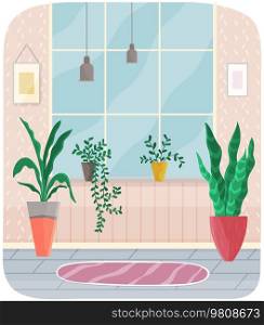 Plants as interior design elements. Room at home for growing plants and flowers in pots. Cosy area with pink wallpaper, large window and green houseplants. Greenery in apartment vector illustration. Room with pink wallpaper, large window and green houseplants. Plants ast home interior design
