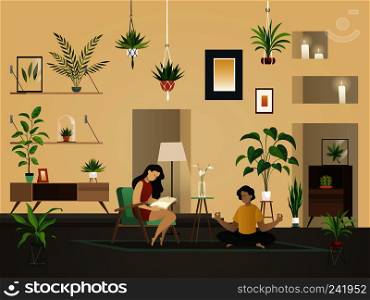Plants at home indoor. Urban garden with green planting and people in room interior cartoon vector illustration.. Plants at home indoor. Urban garden with green planting and people in room interior vector illustration.
