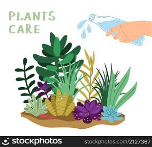 Plants care. Home garden, watering flowers. Hand hold bottle, liquid splash and greens vector illustration. Plants care illustration