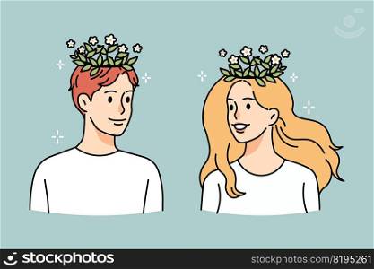 Plants growing from people head. Man and woman have houseplants on brain. Concept of self-development and improvement. Vector illustration.. Plants growing from people heads