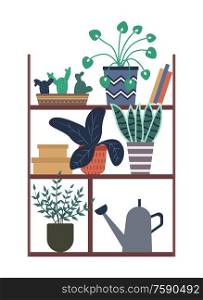 Plants growing in pots vector, houseplants in different flowerpots, books and boxes on wooden construction. Greenhouse orangery foliage and flora. Houseplants Standing on Shelf with Books and Box