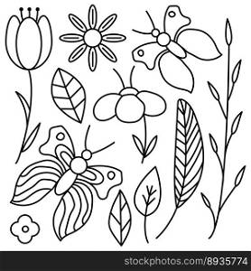 Plants in a meadow with butterflies. Flowers and leaves in the garden. Blooming tulip, daisy. Vector line icon. Editable stroke. Doodle style. Plants in a meadow with butterflies. Flowers and leaves in the garden. Blooming tulip, daisy. Vector line icon. Editable stroke. Doodle style.