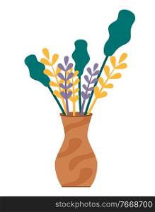 Plants in brown vase isolated on white background. Bunch of leaves and spikes stand in vessel with water. Vegetation used for decoration, house interior. Vector illustration of bouquet in flat style. Plants in Vase, Bouquet or Ikebana for Decoration