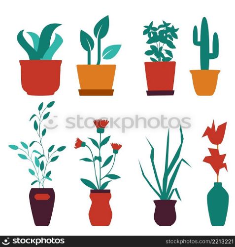 Plants in flowerpots, vector potted flowery, houseplants for interior decoration with botanic collection floral ,cactuses in pots and flowers in botanical garden illustration isolated on white background. Flowers pot. Nature cartoon vector illustration of flowers and leaves beautiful collection. Blossom plant, flowerpot