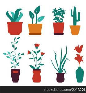 Plants in flowerpots, vector potted flowery, houseplants for interior decoration with botanic collection floral ,cactuses in pots and flowers in botanical garden illustration isolated on white background. Flowers pot. Nature cartoon vector illustration of flowers and leaves beautiful collection. Blossom plant, flowerpot