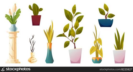 Plants in pots and vases for house or office interior isolated on white background. Vector cartoon set of green potted houseplants, trees and flowers. Home garden with ficus, cactus and calla. Plants in pots, potted houseplants and flowers