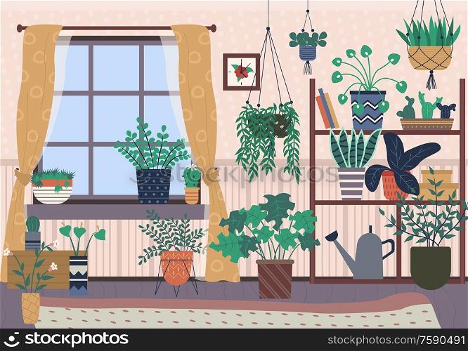 Plants in pots vector, houseplants with soil growing in containers, watering can standing on drawer, carpet and curtains, decor of house room with flora. Home Interior, Room Decorated with Plants in Pots