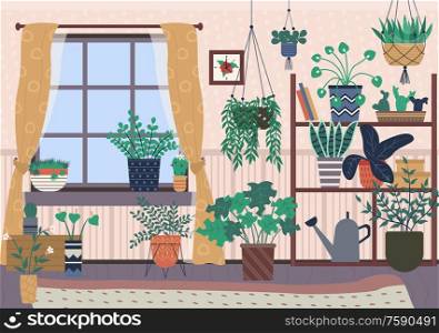 Plants in pots vector, houseplants with soil growing in containers, watering can standing on drawer, carpet and curtains, decor of house room with flora. Home Interior, Room Decorated with Plants in Pots