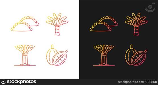 Plants in Singapore gradient icons set for dark and light mode. Singaporean cuisine. Thin line contour symbols bundle. Isolated vector outline illustrations collection on black and white. Plants in Singapore gradient icons set for dark and light mode
