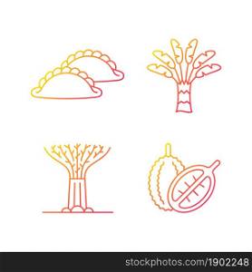 Plants in Singapore gradient linear vector icons set. Traveller palm. Supertree grove. Curry puff. Singaporean cuisine. Thin line contour symbols bundle. Isolated outline illustrations collection. Plants in Singapore gradient linear vector icons set
