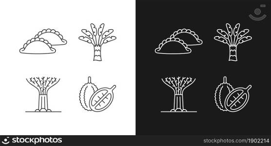 Plants in Singapore linear icons set for dark and light mode. Traveller palm. Curry puff. Singaporean cuisine. Customizable thin line symbols. Isolated vector outline illustrations. Editable stroke. Plants in Singapore linear icons set for dark and light mode